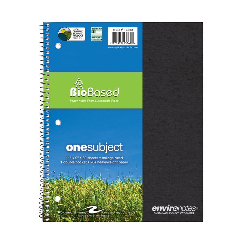 ROARING SPRING Environotes Recycled Spiral Notebook, 1 Subject, 11" x 9", 80 Perforated Sheets, 20 lb Bio-Based Paper, College Ruled w/Margin, Assorted Earthtone Covers, Double Pocket, Made in USA - Image 1